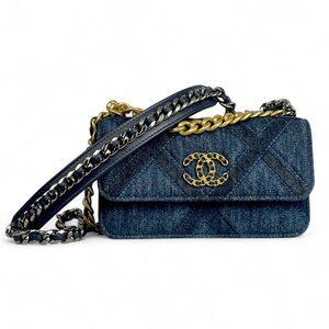 CHANEL Denim Mini Quilted  2023 Flap Phone Holder Chain Blue Shoulder Crossbody